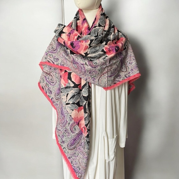 Vintage 90s Emanuel Ungaro Wool Scarf Wrap 54" Floral Paisley - Picture 1 of 13